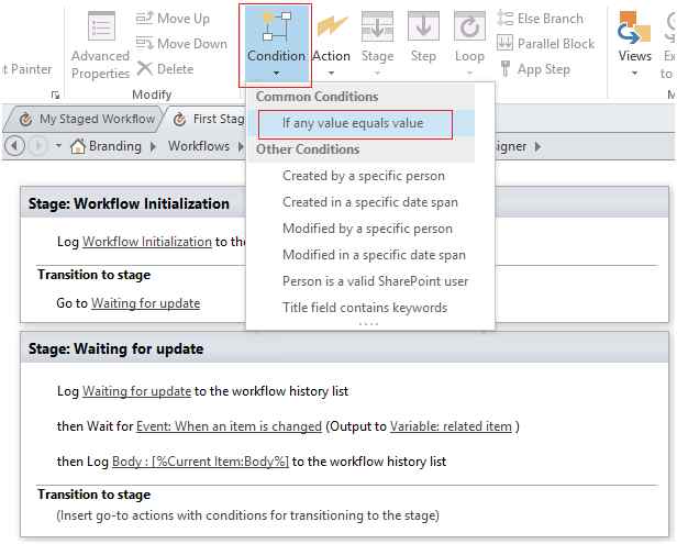 Transition Stage Condition checking